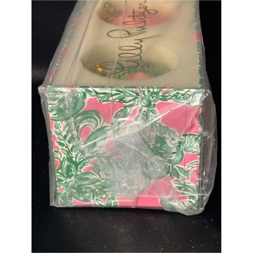 Lilly Pulitzer Christmas Ornaments Set of 2 Pink Floral Glass Baubles New in box